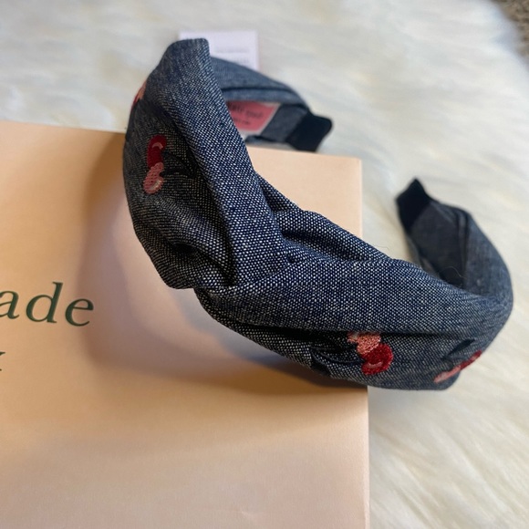 Kate Spade Red Cherry Embroidered Denim Blue Jean Twisted Headband Hairband